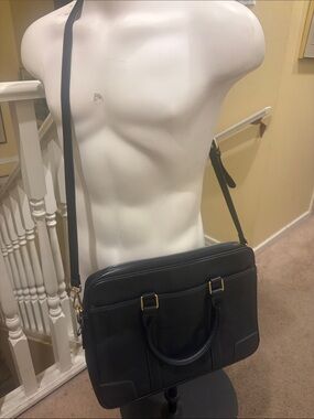 Volition Black Leather Laptop Briefcase with Gold Accents and Adjustable Strap